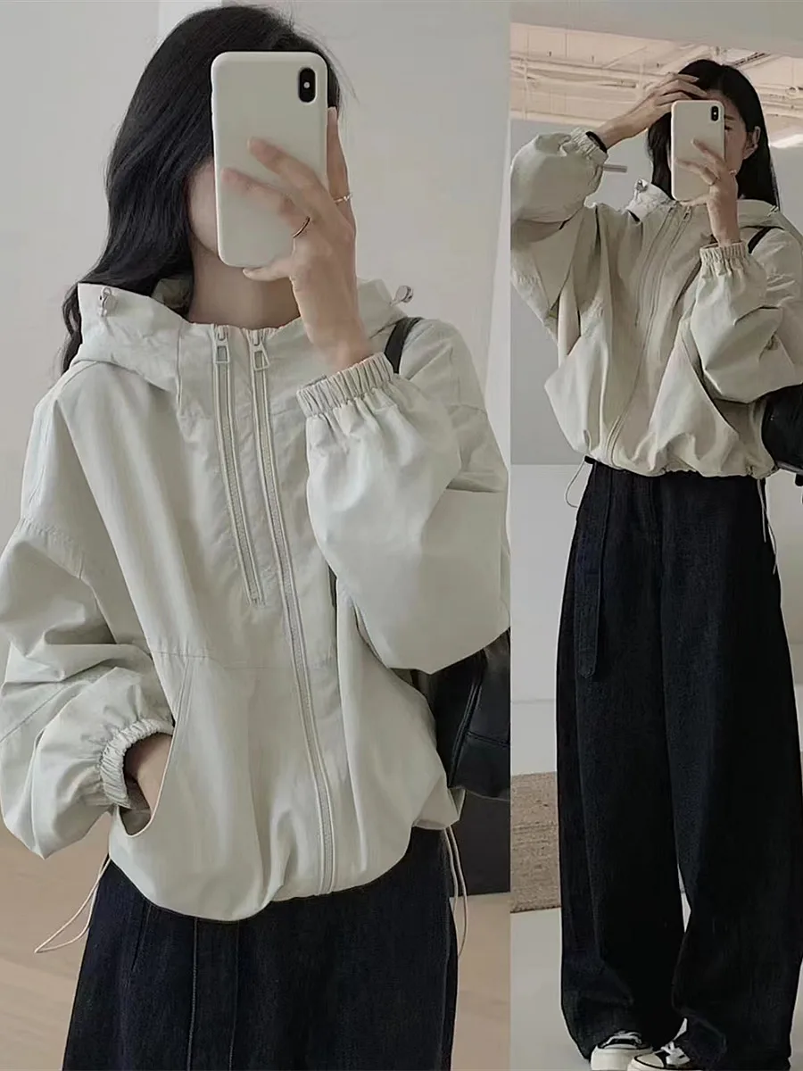 Casual Double Zipper Hooded Jacket Women's Short Outerwear Loose Fit Trendy Autumn Winter New Style Casual Coat with Hat