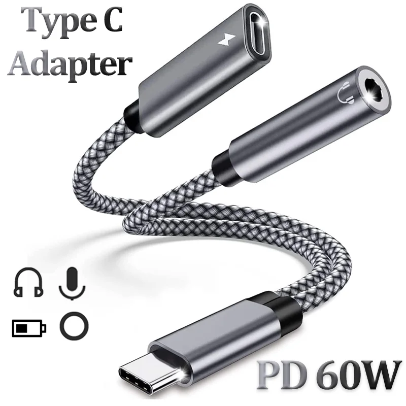 2 in 1 USB Type C to 3.5mm Headphone 3 5 Audio AUX Jack Adapter PD 60W Fast Charging Cable for Samsung Huawei Xiaomi Macbook Air