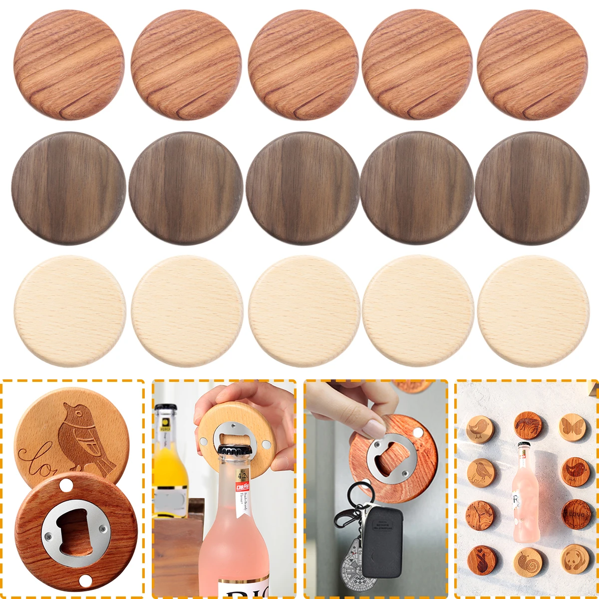 5/10Pcs Personalized Engraved Custom Bottle Opener Wooden Round Fridge Magnet Beer Can Openers for Wedding Party DIY Guest Gift