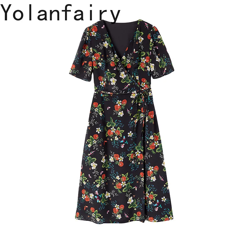 

YOLANFAIRY 100% Real Mulberry Silk Dresses 2025 Woman Clothing French Vintage Floral Dress Women's Elegant Beach Dress vestidos
