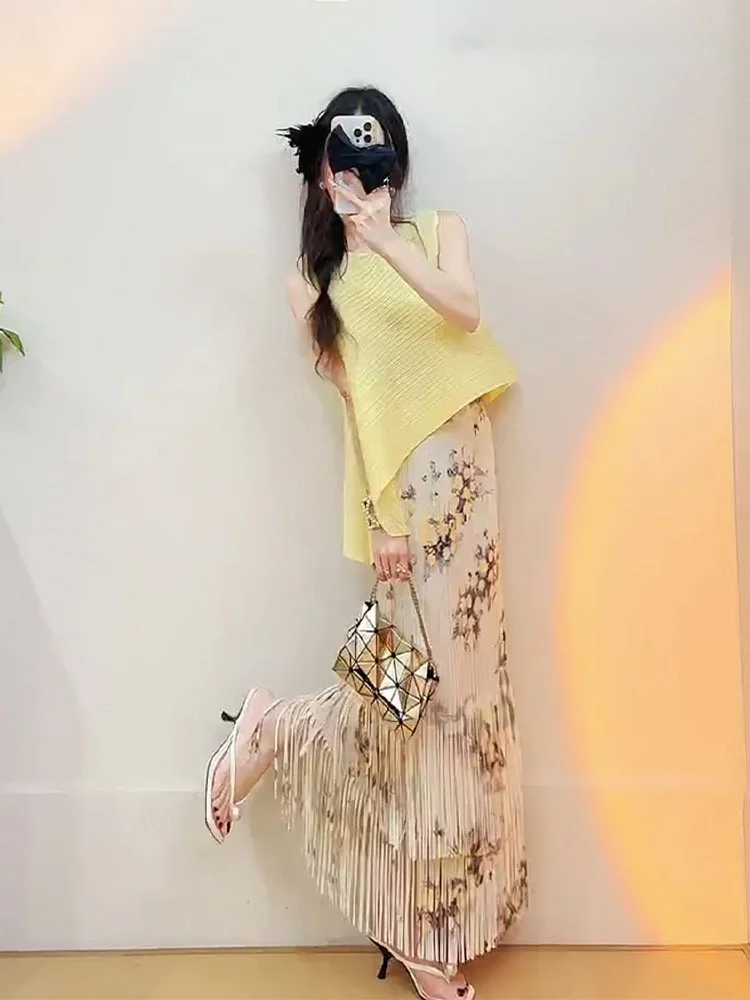 

Летний женский повседневный комплект: топ с коротким рукавом, цветочным принтом и бахромой, и юбка с завязками, желтый, нестандартный флуоресцентный цвет