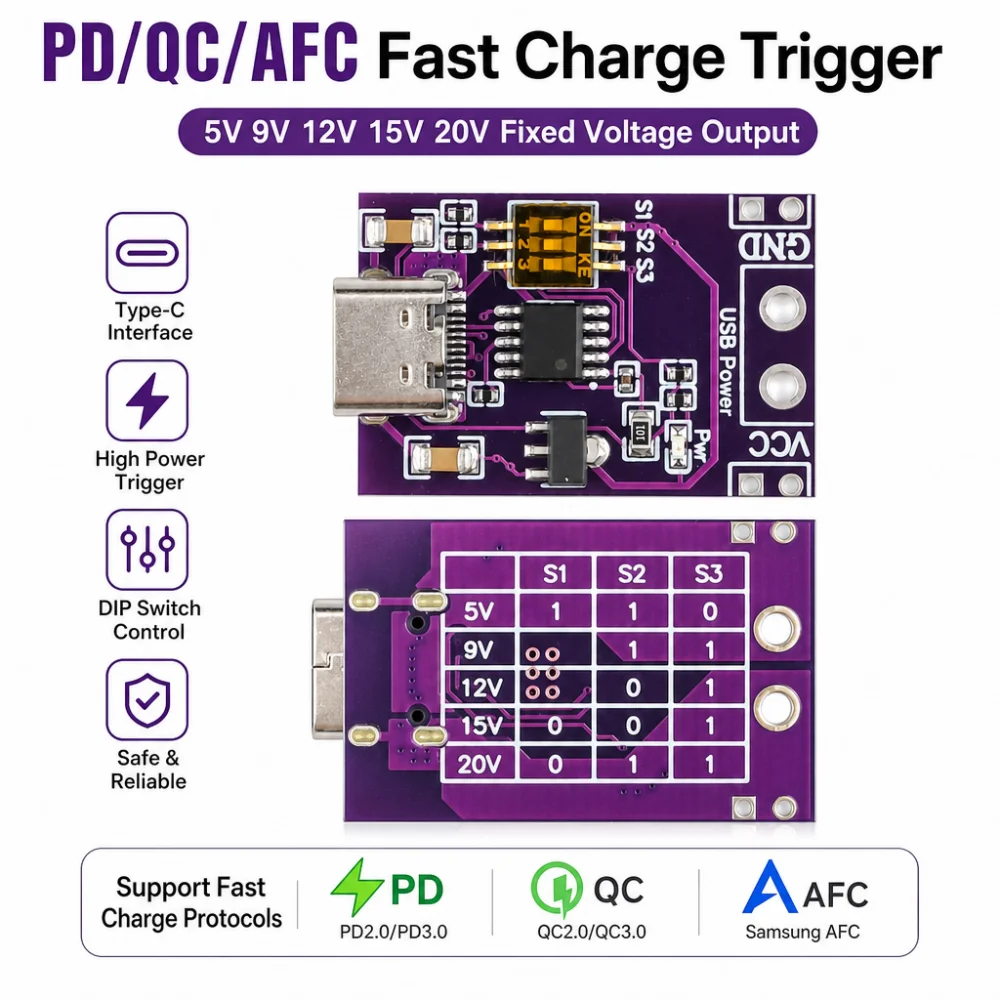 1/5PCS PD/QC/AFC Fast Charging Simulator, 5V, 9V, 12V, 15V, 20V Fixed Voltage Output Module, Type-C Interface