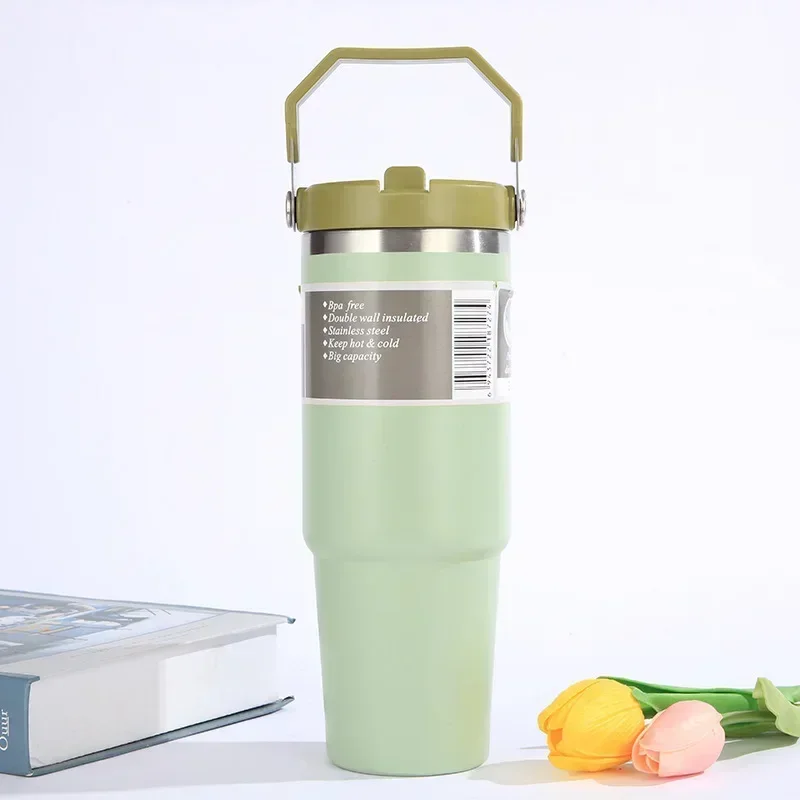 30oz Large Capacity Portable Car Cup Stainless Steel Thermos Cup with Straw & Handle Travel Sports Water Bottle Vacuum Flask - view 3