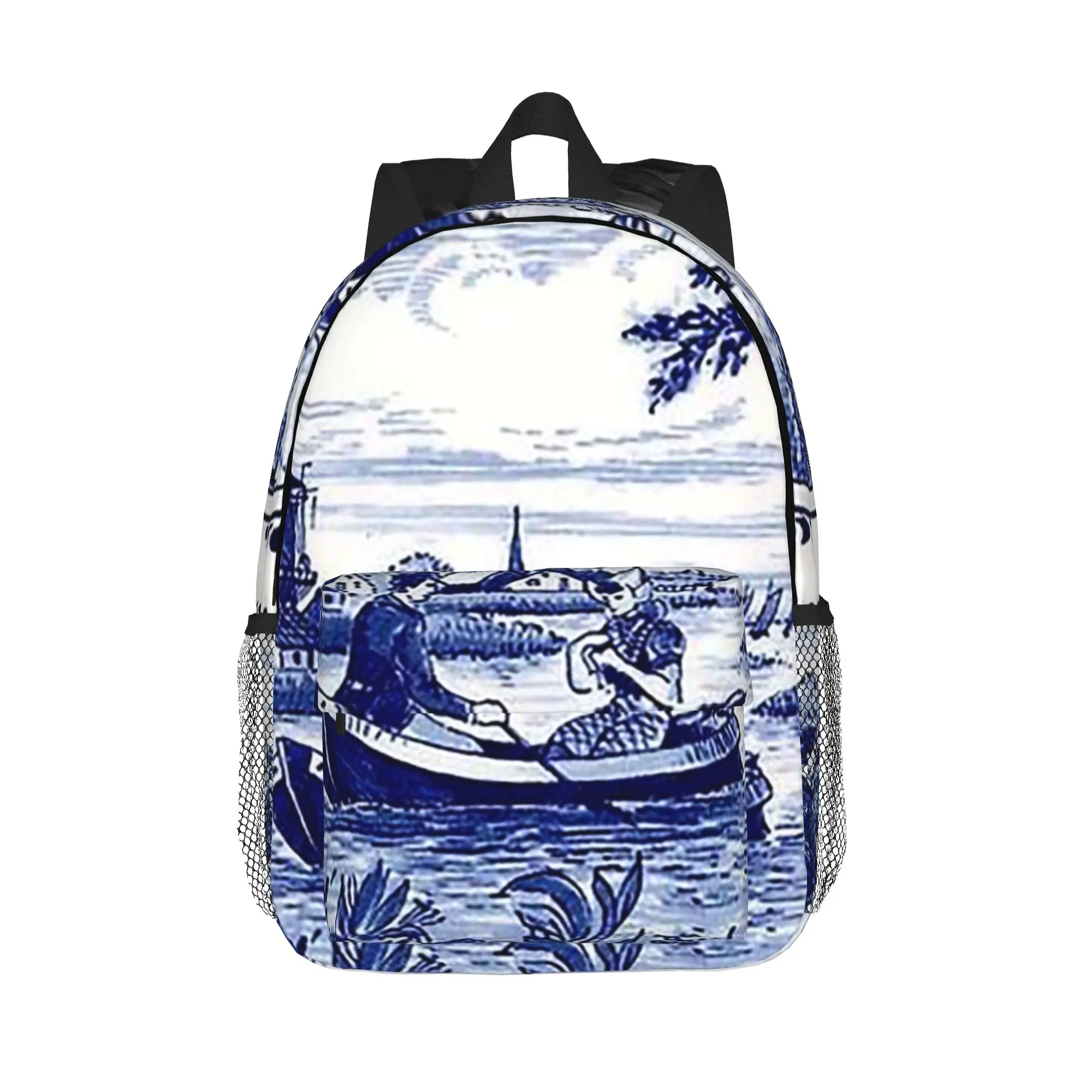 Dutch Blue Delft Windmill Church And Sailboats Backpack Hot Sale Daypack Boy Girl BookBag Shoulder Bags for Men Women School Bag