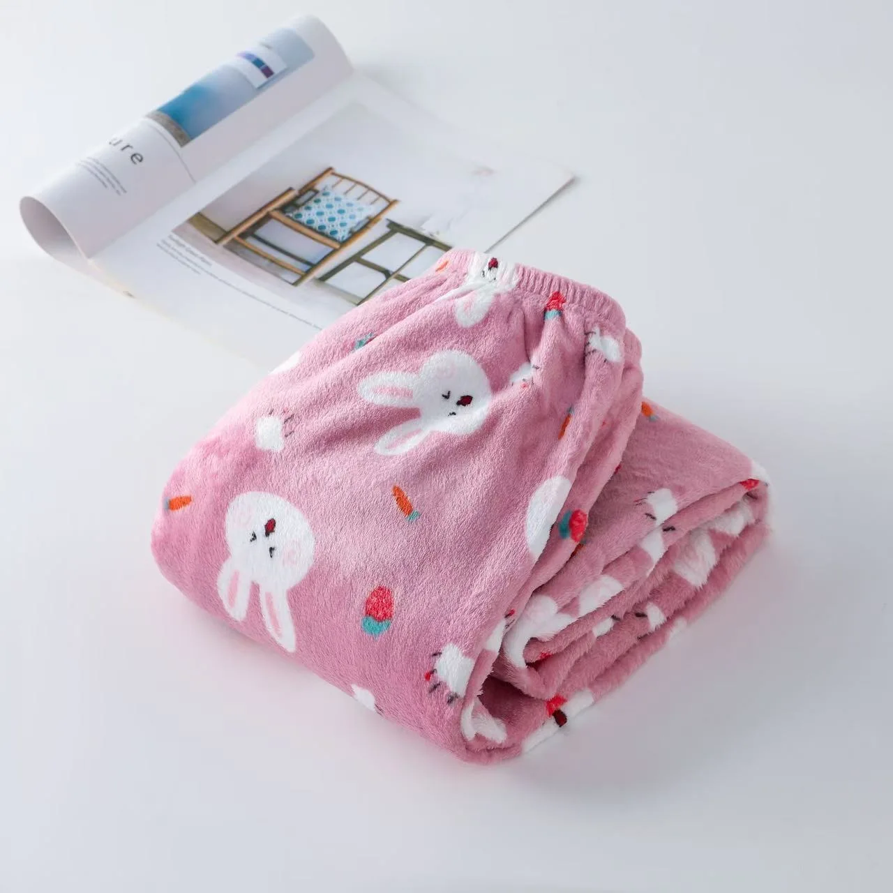 Pink Pajamas Pants Women Warm Thickened PJ Pants Plaid Christmas Couple Sleeping Pants Rabbit Bear Flannel Soft Fluffy Sleepwear