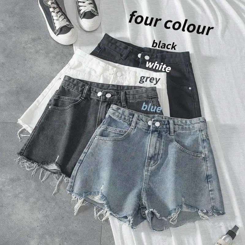 

High Waist Denim Shorts Women's Summer New Style Slimming Hole Wide Leg Pants Loose Match All around Frayed A-Line Hot Pants