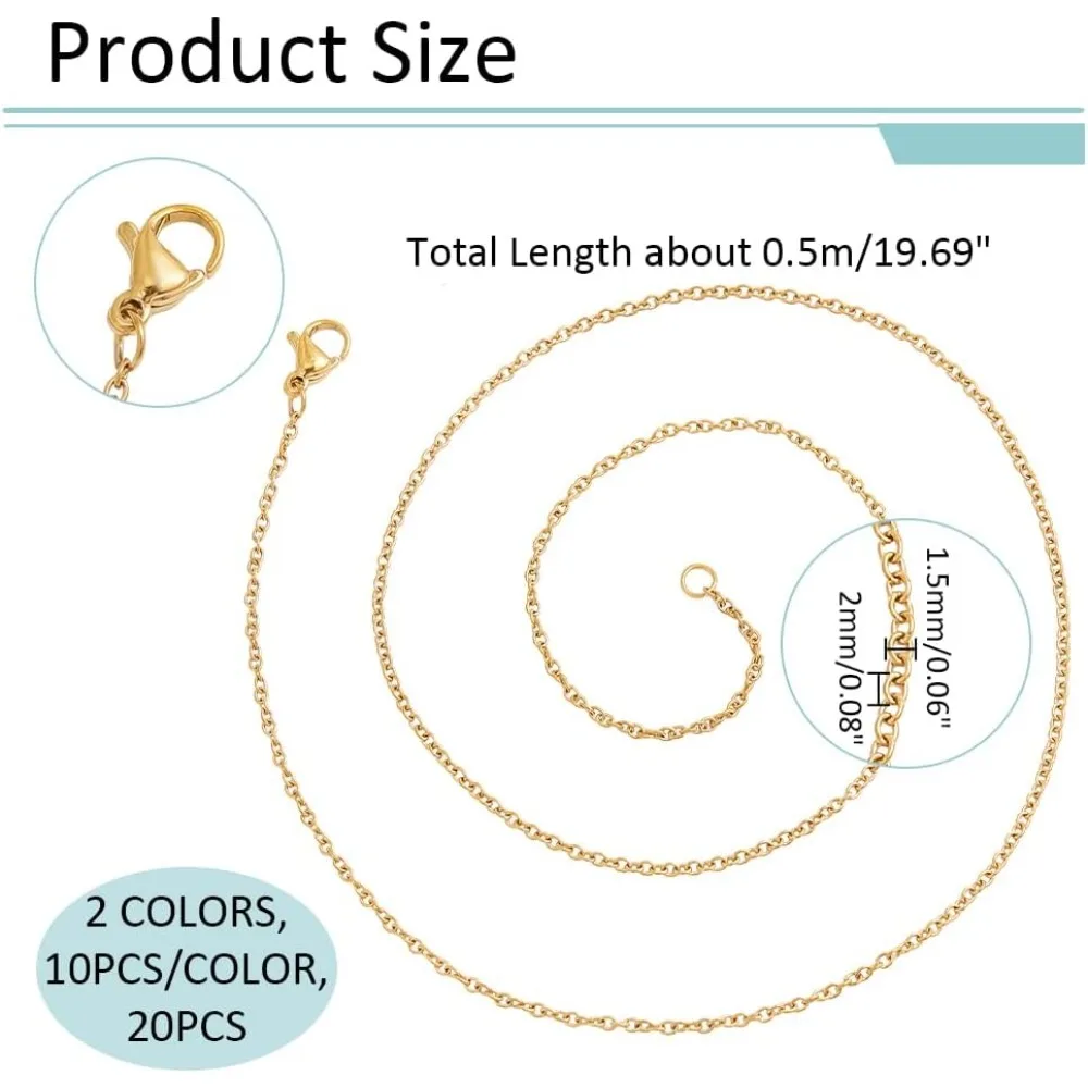 20 Pcs 304 Stainless Steel Chain 2 Styles Bulk Necklace Jewelry Cable Chain Necklaces Set for Beadable making kit