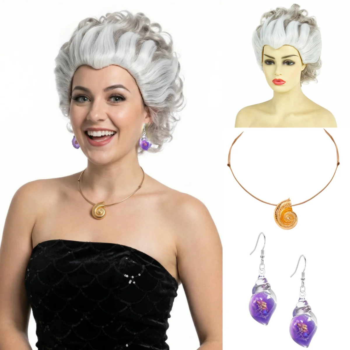 

REEWES серый белый парик для подводной ведьмы с ожерельем-ракушкой, серьгами для женщин и девочек, синтетические волосы для косплея, костюм на Хэллоуин