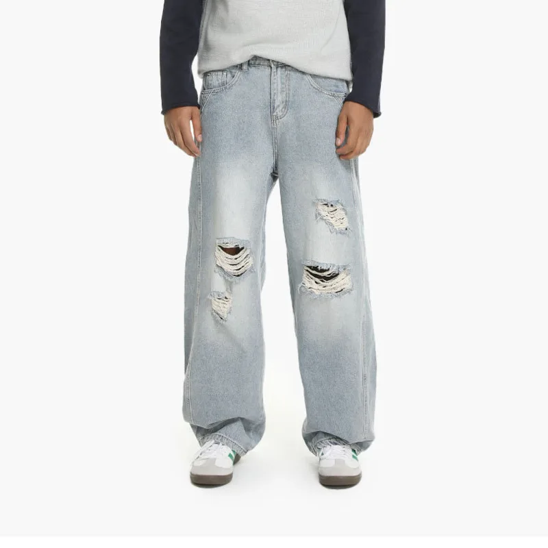 اتجاه الموضة الأمريكية الرجعية للخريف للرجال، القيام القديم، تصميم ثقب، سكين منحني، أرجل واسعة، طحن، جينز فضفاض غير رسمي #3