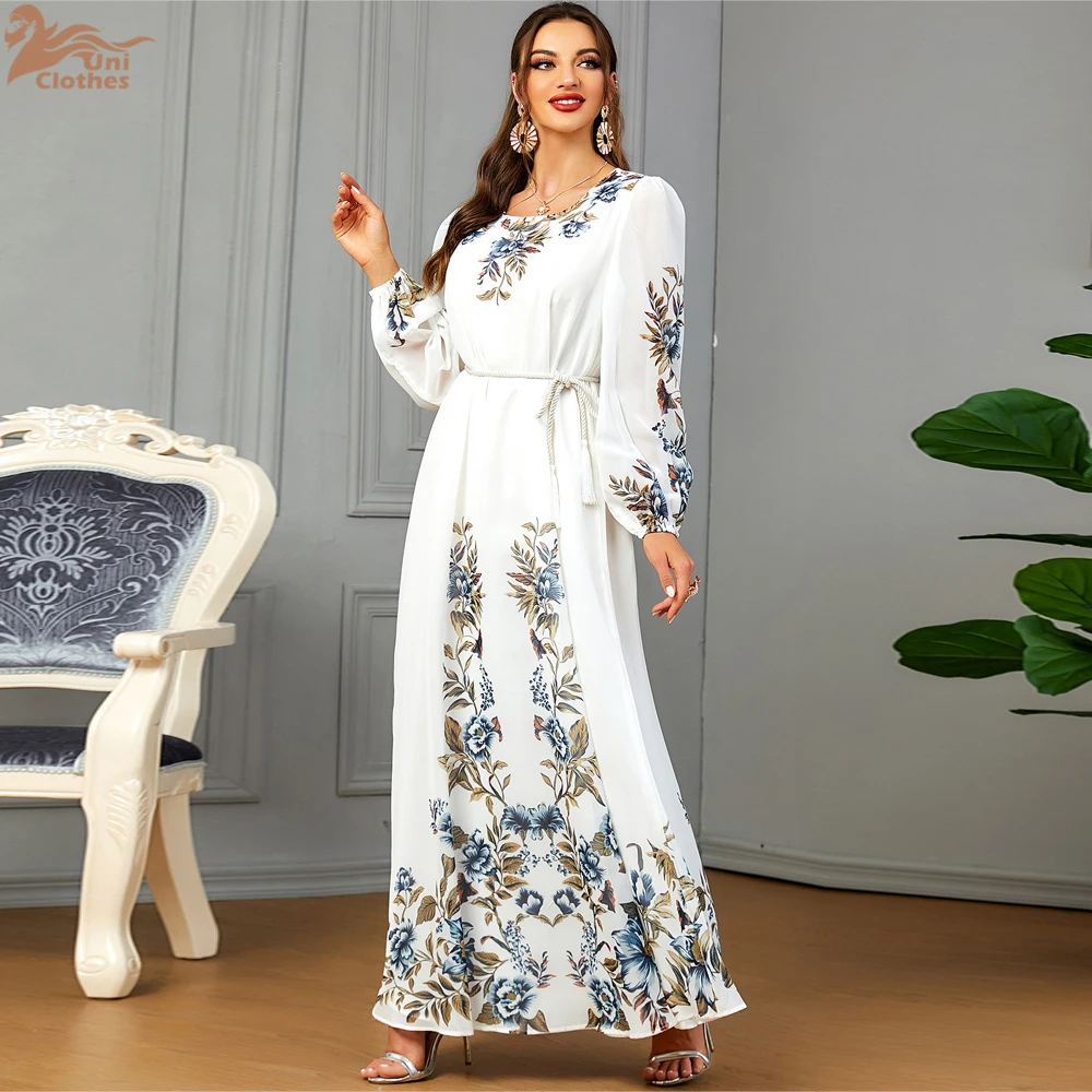 Uni Dresses With Long Sleeves Floral Print Luxury Muslim Abayas For Women Dubai Moroccan Fashion Elegant Evening Dress