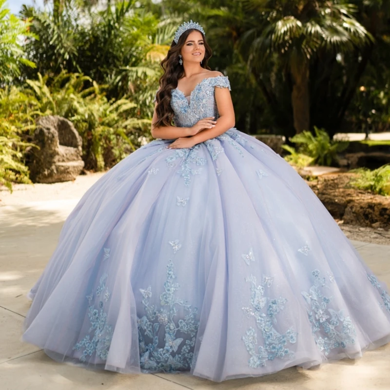 

Light Lavender Ball Gown Quinceanera Dresses Off The Shoulder Applique Beads Bow Sky Blue Lining Party Birthday Sweet 16 Dress