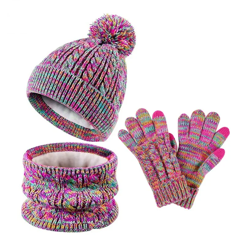 Girls Children Rainbow Hats Beanie with Pom Knit Neck Warmer Gaiter Mittens Fleece Lined Set Kids Winter Hat Gloves Scarf Set