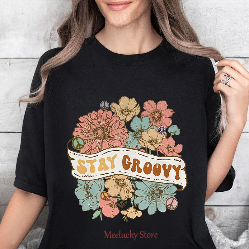 Stay groovy letter printed beautiful pattern summer casual women's top clothing, round neck pure cotton summer refreshing