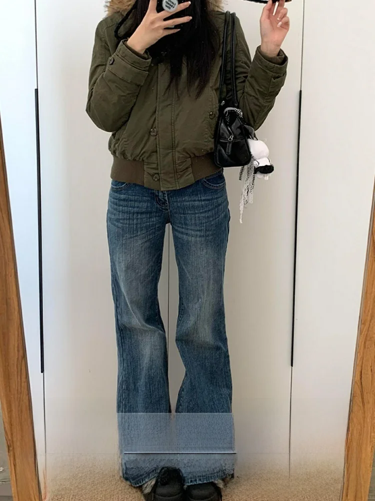 American Sle High Street Retro Bell Bot Deep Blue Jeans Women's Autumn Winter New Sle Slim Wide Leg High Waist Straigh...