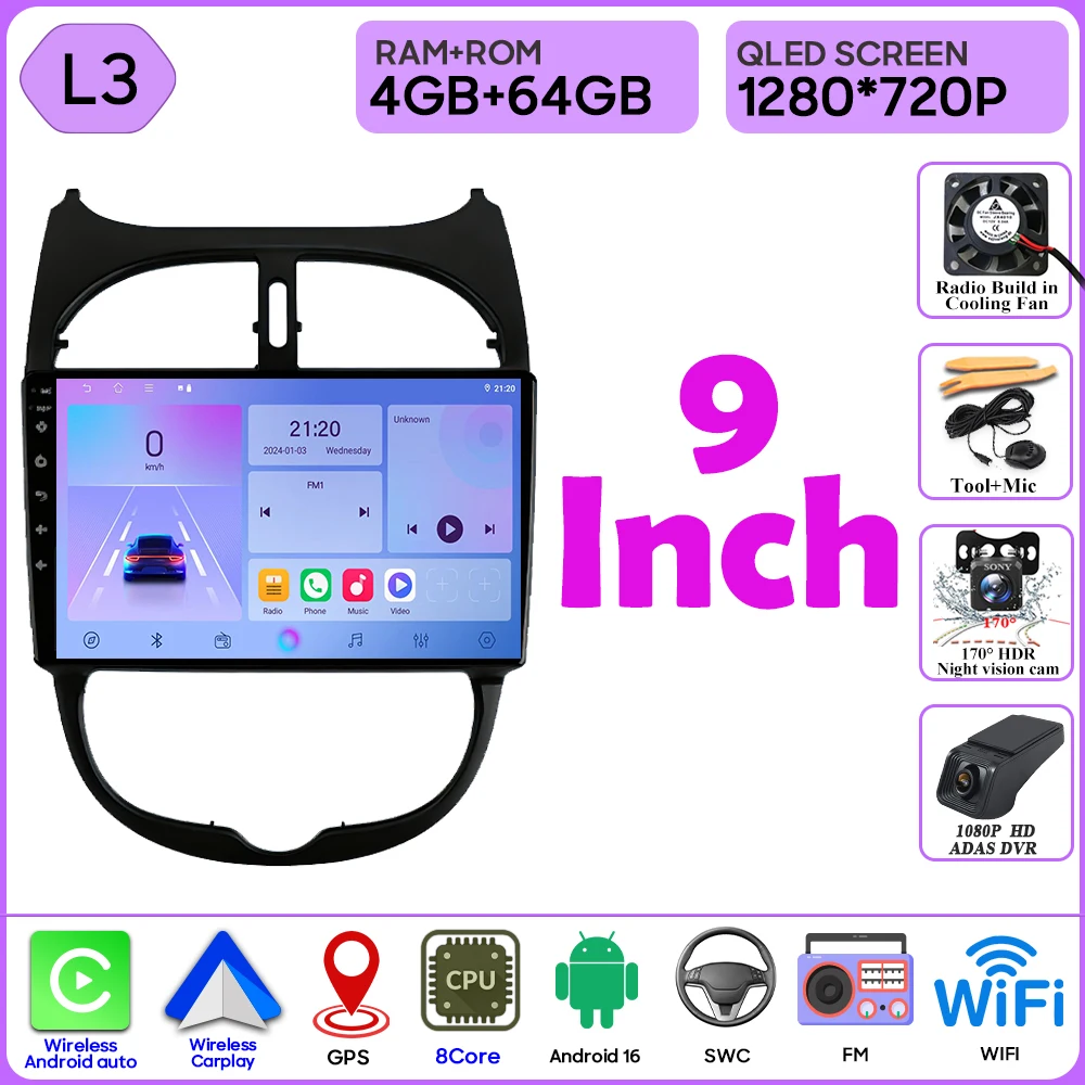 Android 16 autoradio voor Peugeot 206 206CC 1998-2012 autoradio Bluetooth 4G Wifi GPS navigatiescherm draadloze Carplay monitor
