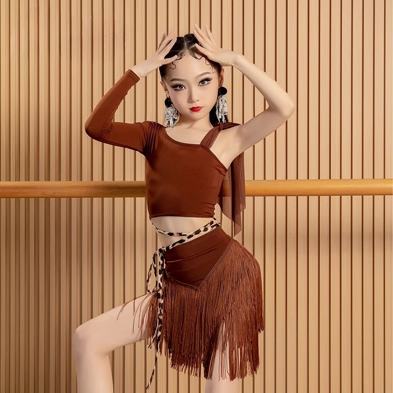 

Детская одежда для латинских танцев, черный комбинезон для девочек, топы с длинными рукавами, юбка с кисточками, ча-ча-румба, самба, костюмы для латинских американских танцев