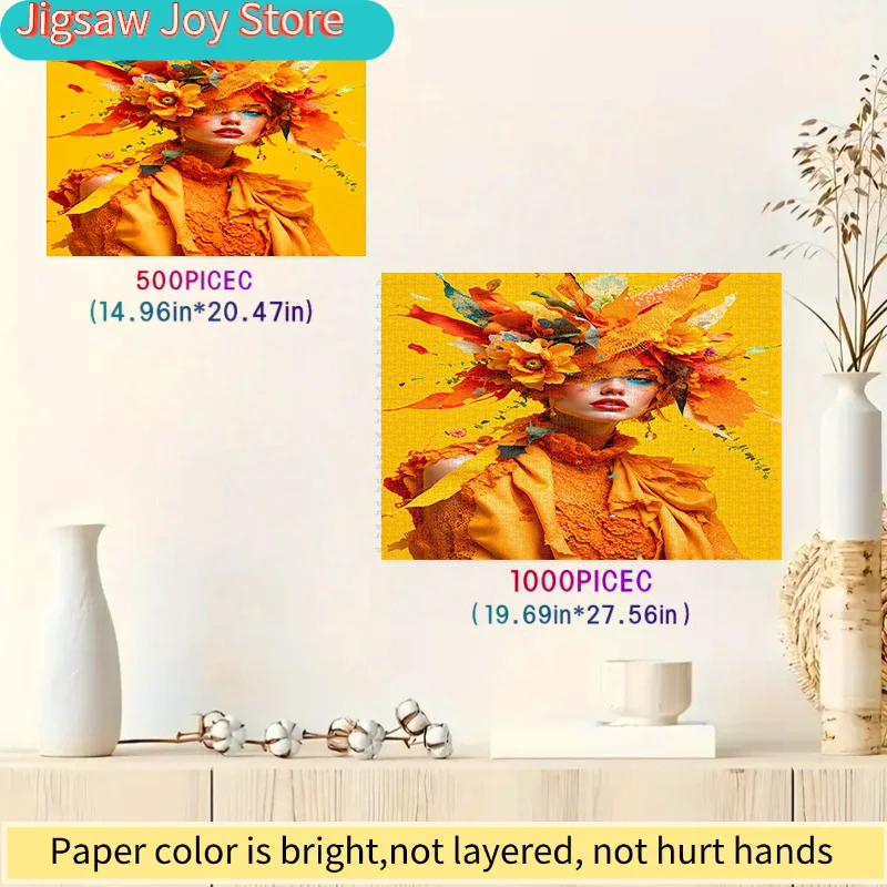 Rompecabezas de 500/1000 Piezas, Rompecabezas de Papel DIY, Tema Floral Otoñal, Mujer con Corona, Rompecabezas para Adultos, Apto para: Hogar y Ocio