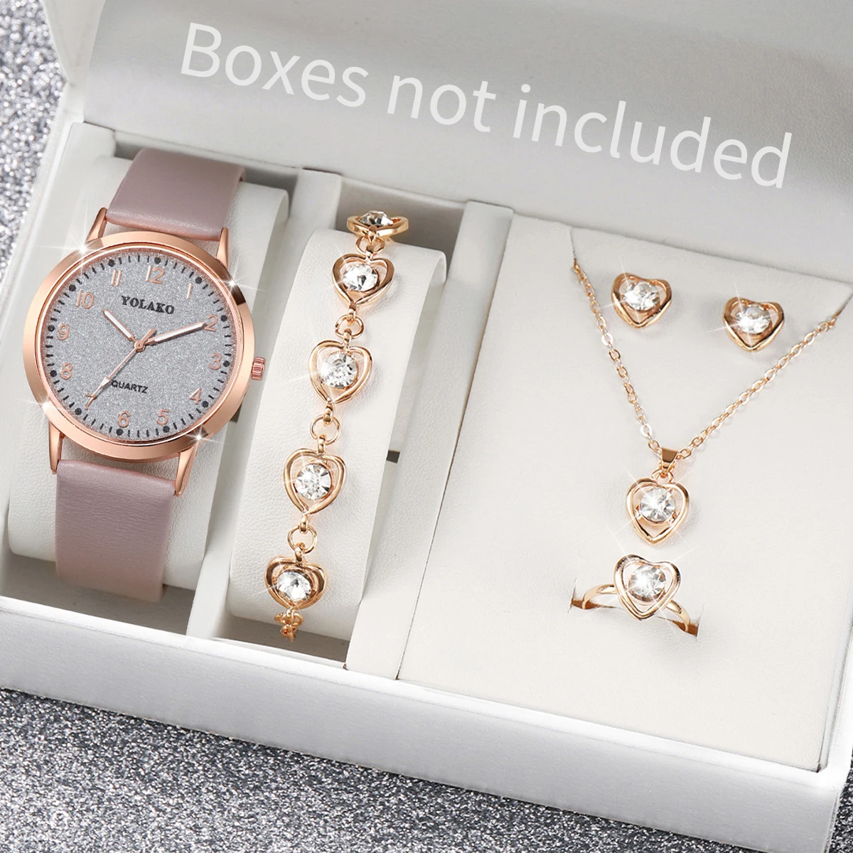 6PCS/Set Fashion Arabic Dial Women Watches Casual Leather Band Analog Quartz Watch Rhinestone Heart Jewelry Set（Without B