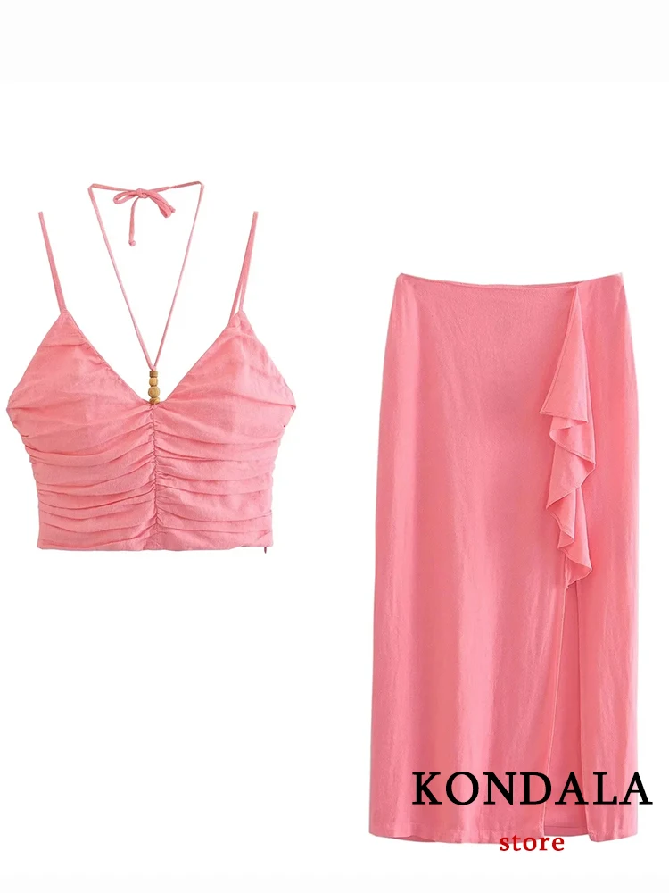 KONDALA Chic Sweet Solid Pink Sexy Holiday Women Suit Fashion Halter Blending Strapless Pleated Cami Top Long Split Layer Skirt