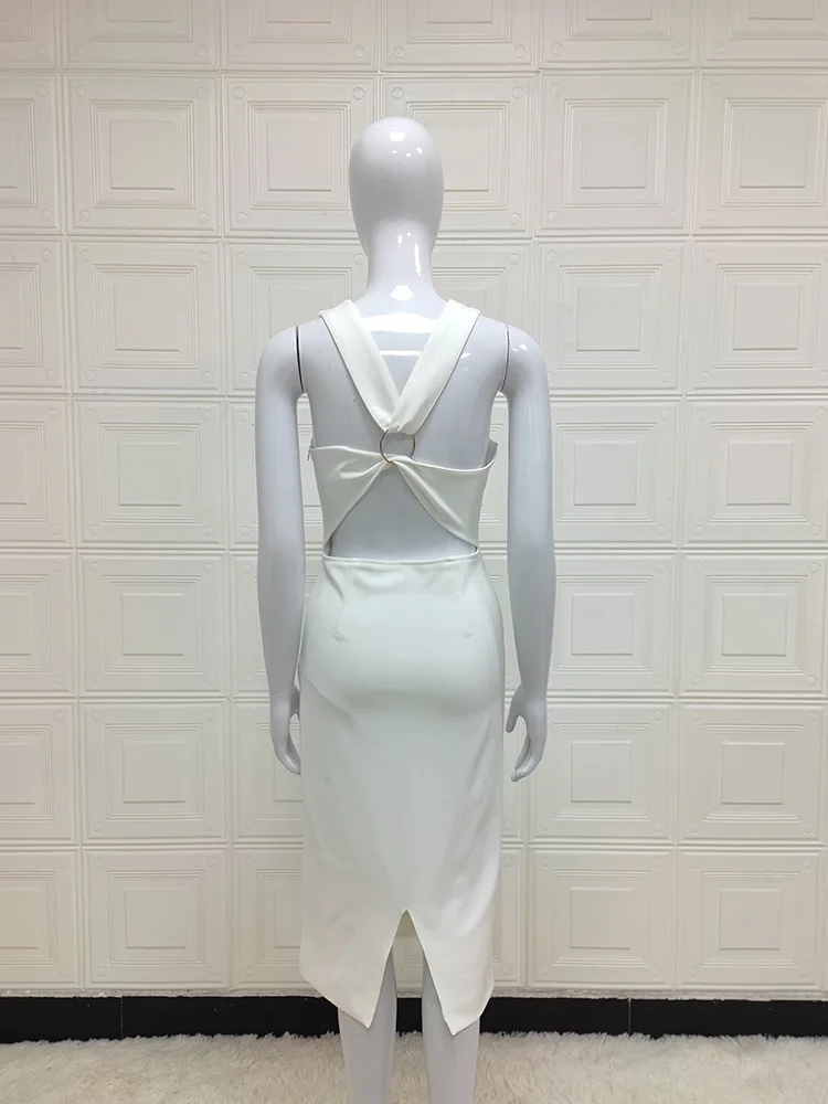 White Elegant Backless Dress Halter Cutout Slit Midi Dress Y2K Sleeveless Simplistic Slimming For Women Party Birthday Dress