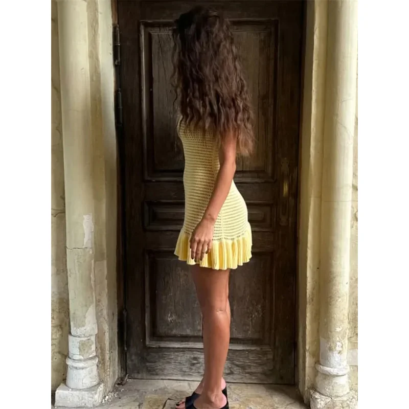 JINIA Maglia increspato scava fuori mini abito femminile con scollo a V trasparente vacanza spiaggia abbigliamento casual abito estivo in maglia da donna