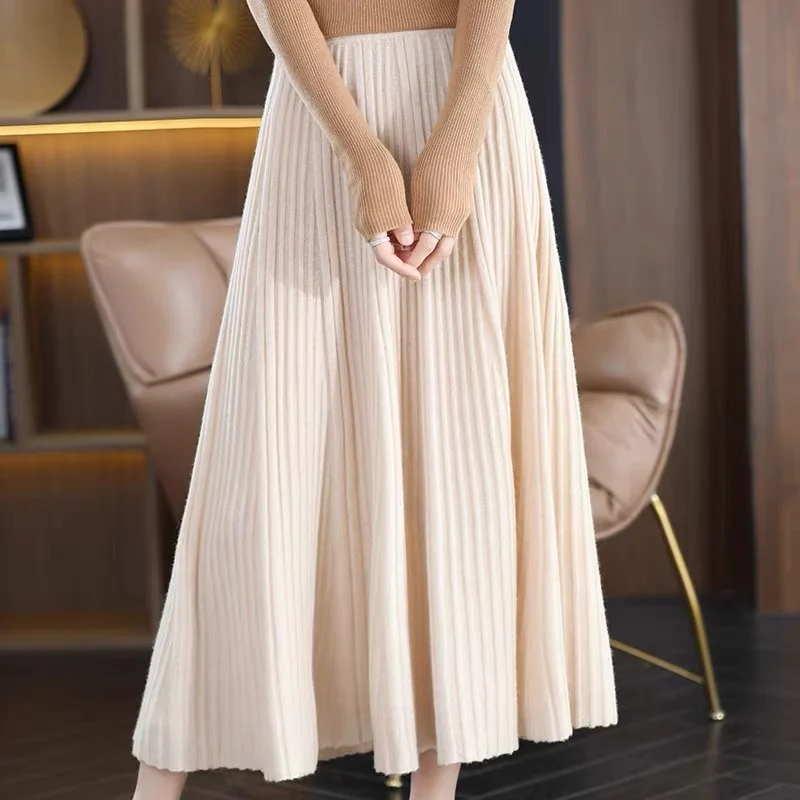Fall/winter new 100% cashmere skirt pleated skirt loose profile half-length skirt umbrella skirt knitted cashmere skirt