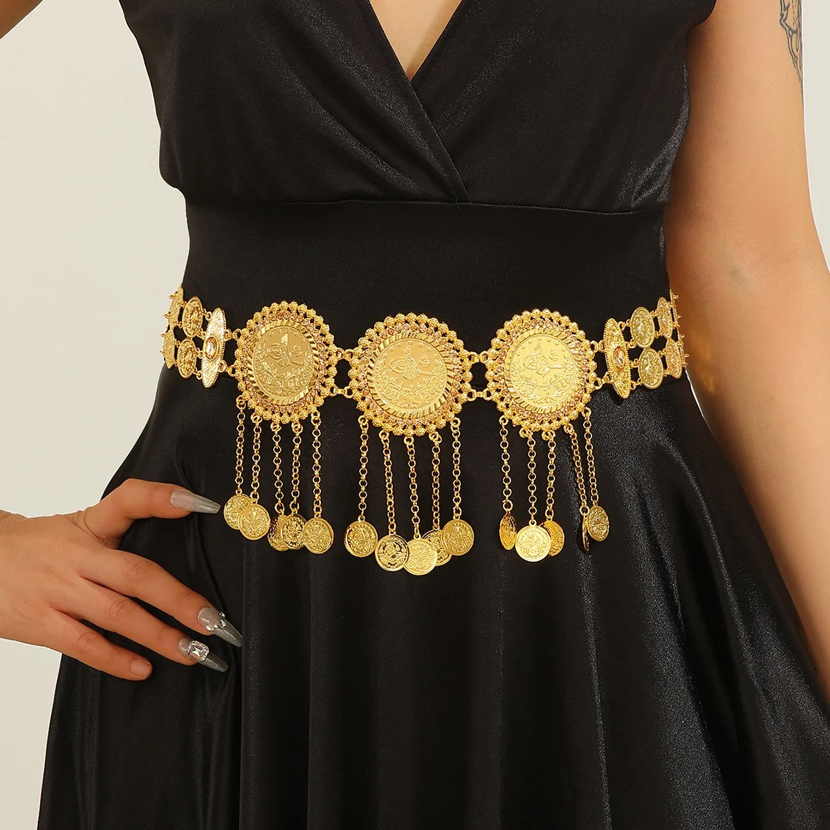 

Vintage Coin Fringe Waist Chain Large Engraved Medallions with Tassels For Party Festival Outfits Weddings