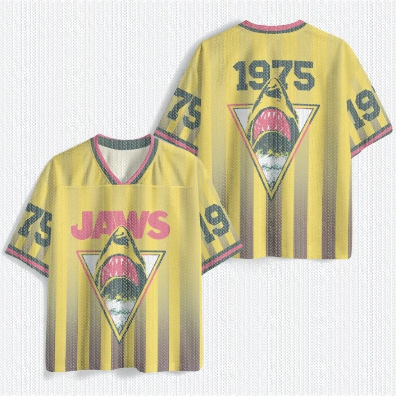 V Neck Yellow Vertical Stripe Mesh Jersey T Shirt Triangle Shark Graphic Number Print Front Back Sleeve Retro Streetwear Top