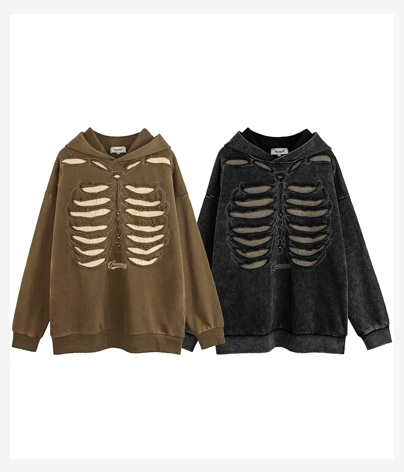 

Осень-зима, толстовка со скелетом и рваными отверстиями в стиле панк, хип-хоп, мужская и женская уличная винтажная толстовка большого размера