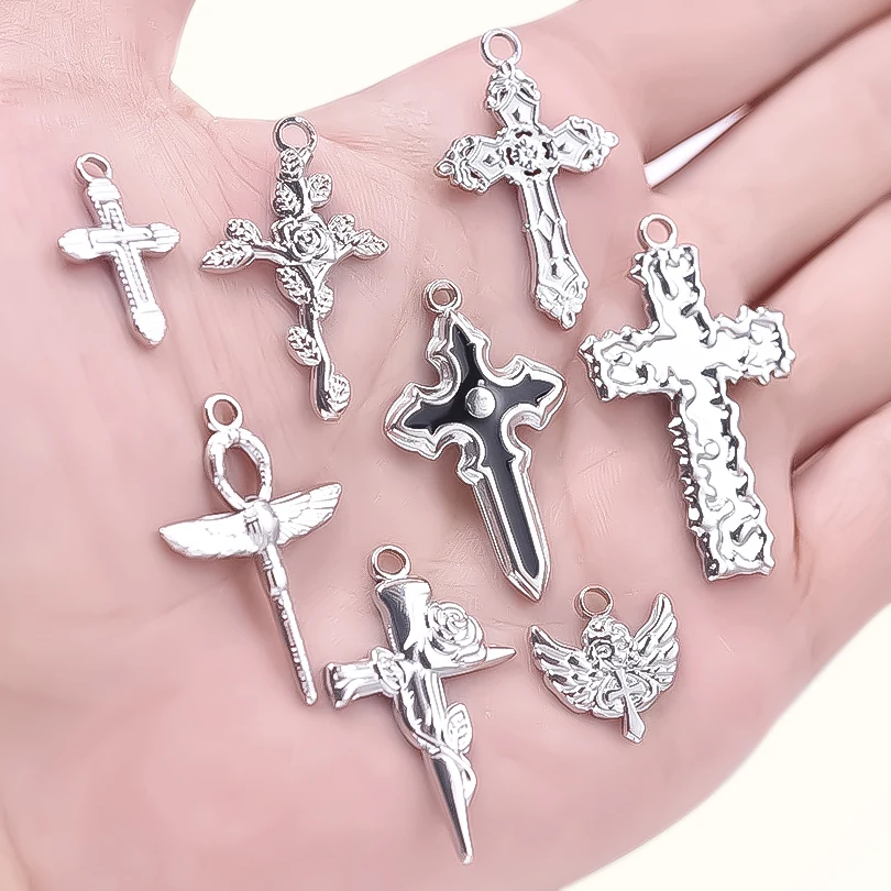 6pc Jesus Angel Cross Pendant Charms For Jewelry Making Supplies Nail Ankh Crosses Stainless Steel Charm Bulk Religious Breloque