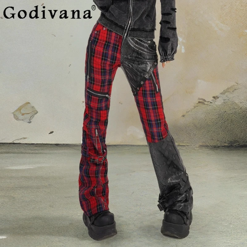 

Punk Street Leather Black Red Plaid Street Slim Fashion Trousers Spring Autumn Personalized Girl Versatile High Waist Trouserses