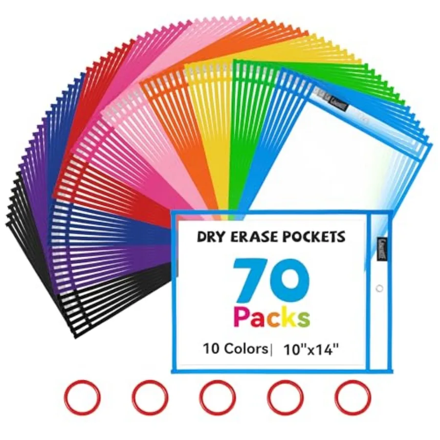 

Dry Erase Pockets with 5 Rings x14 Oversized Reusable Plastic Sleeves Clear Sheet Protectors Teacher Supplies for Classroom Org