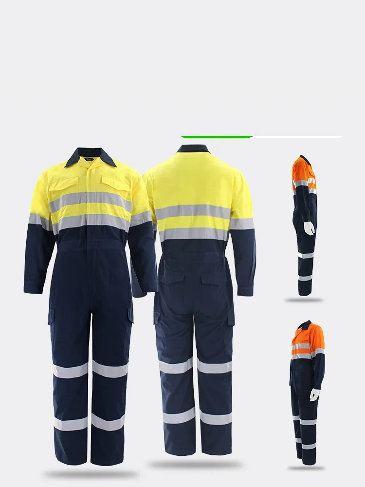 100% cotton working overalls hi vis safety Work clothing reflective stripes factory workshop mechanics coveralls coal miner Suit