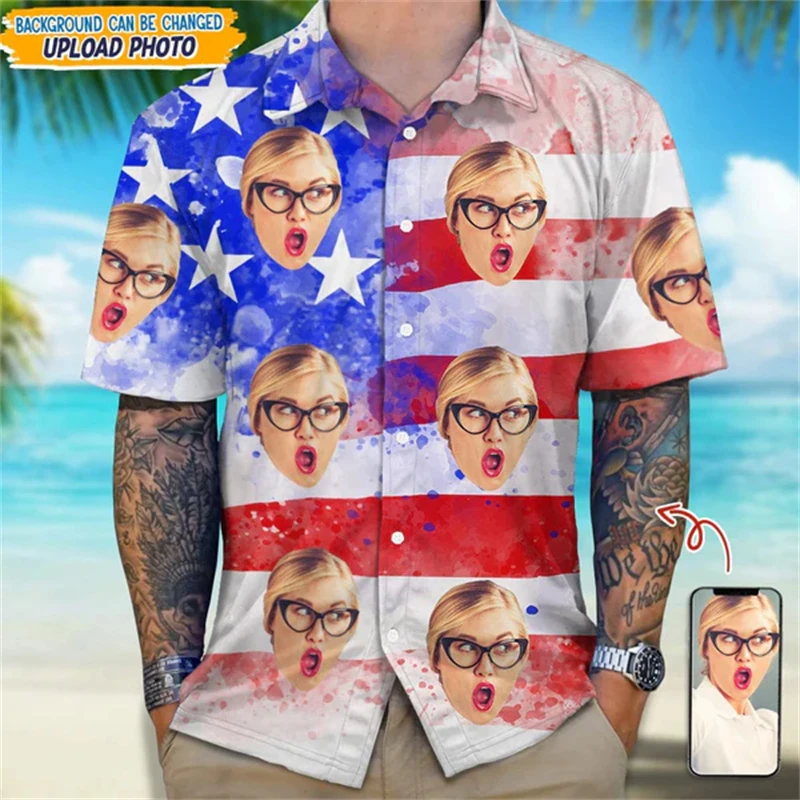 All Over Print Custom Face Photo Hawaii Shirts USA Flag Graphic Picture Unisex Hawaiian Holiday Funny Beach Shirt Blouse Tops