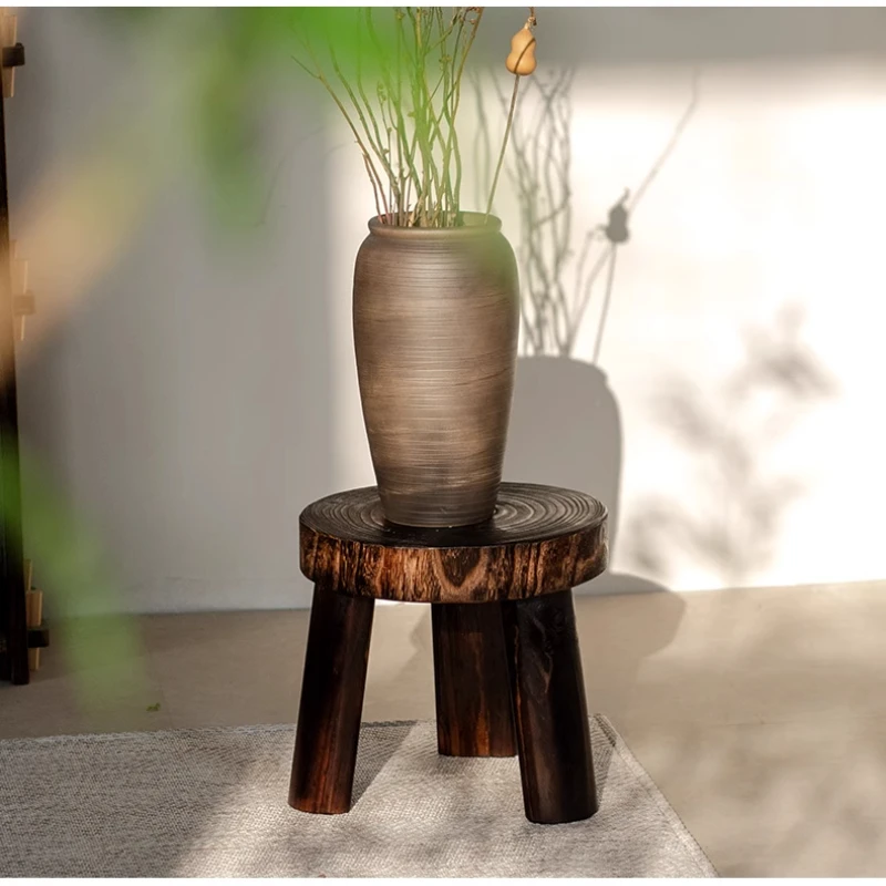 Wabi-Sabi Style Tree Stump Stool Solid Wood Low Bench for Kids Durable Shoe Stools Minimalist Flower Stand Base for Living Room