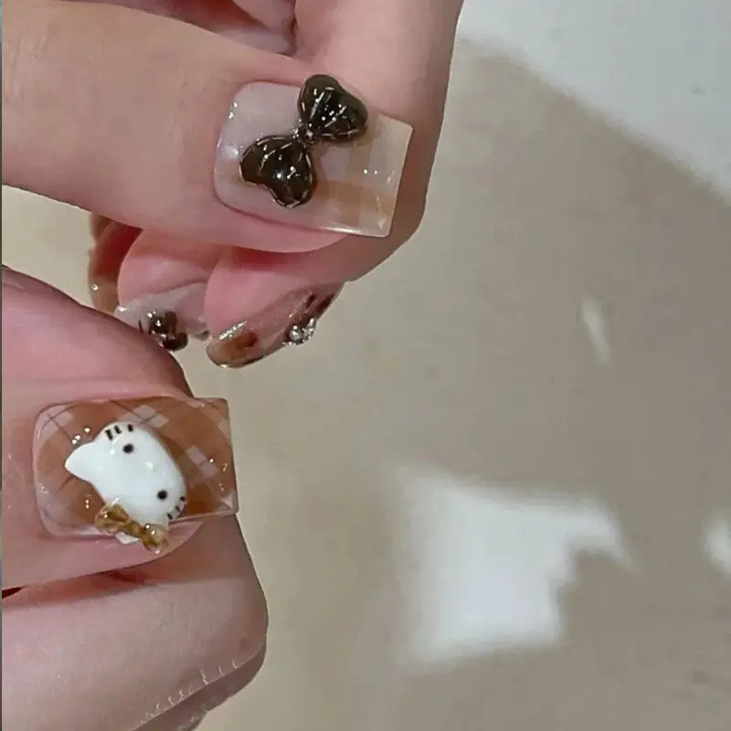 Hello Kitty Cartoon False Nails Press on Nails Leopard Print Short Style Plaid Art Nails Patches Removable Manicure Girls Gift