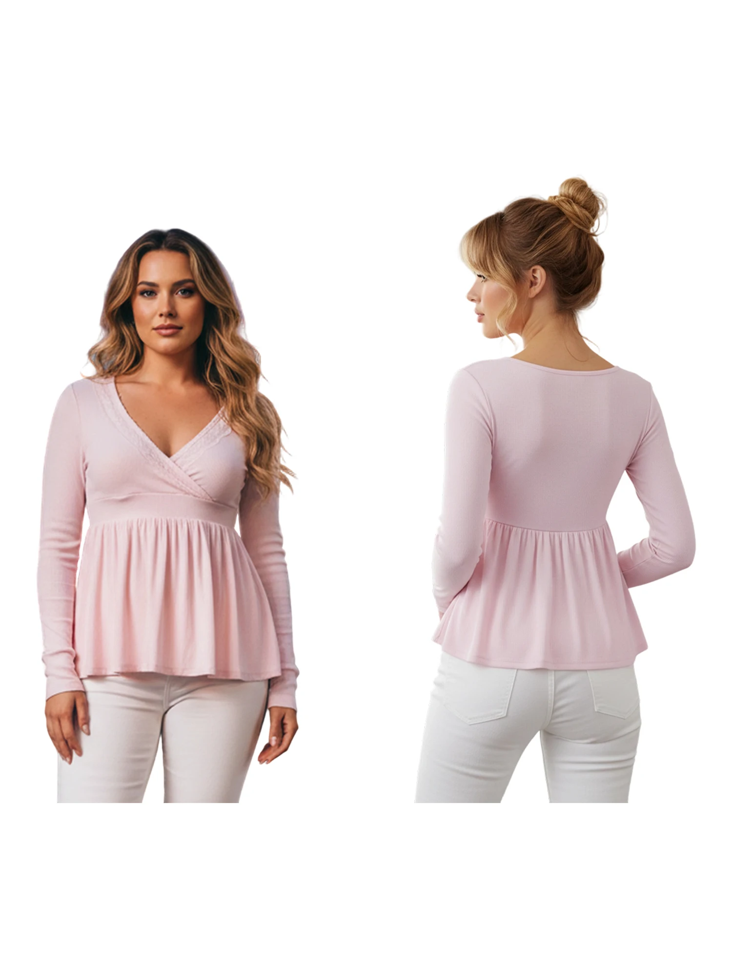 スタイリッシュな女性の V ネック ペプラム ブラウス、フリル裾付き - 秋のファッションのためのトレンディなソリッドカラーの長袖シャツ