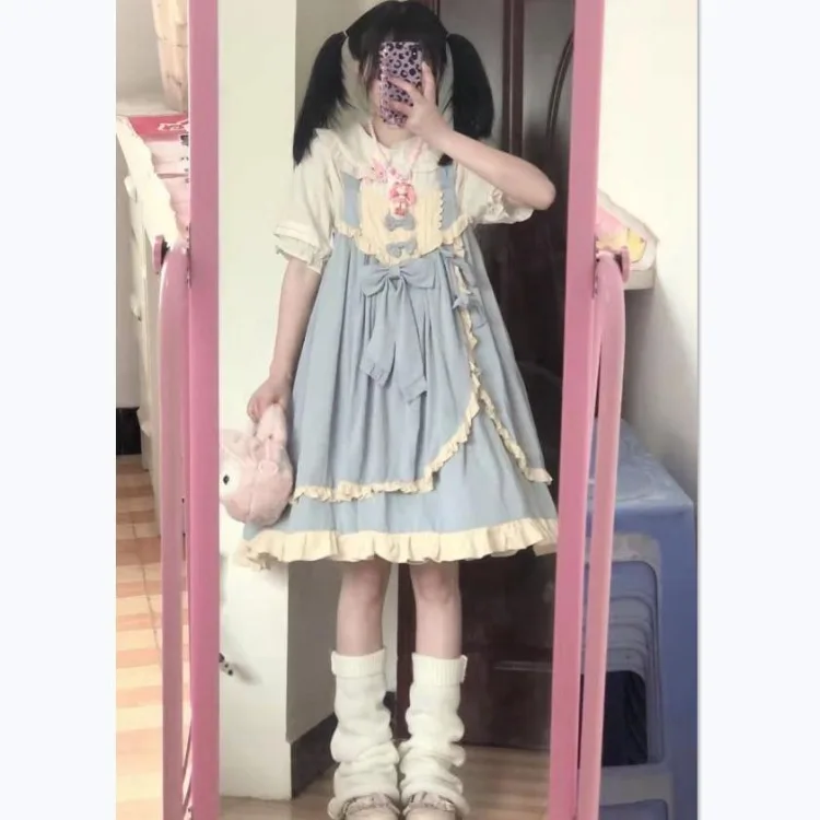 Vestido Lolita Harajuku para mulheres, vestido de colete solto de comprimento médio, novo fungo azul, E-Girl, Y2K, verão, 2024