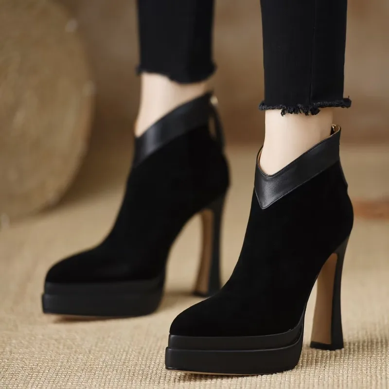 

2026 Retro Women's Shoes Exquisite Suede Ankle Boots for Woman Fashion Pointed Tip High Heel Boots Designer Shoes Zapatos Mujer