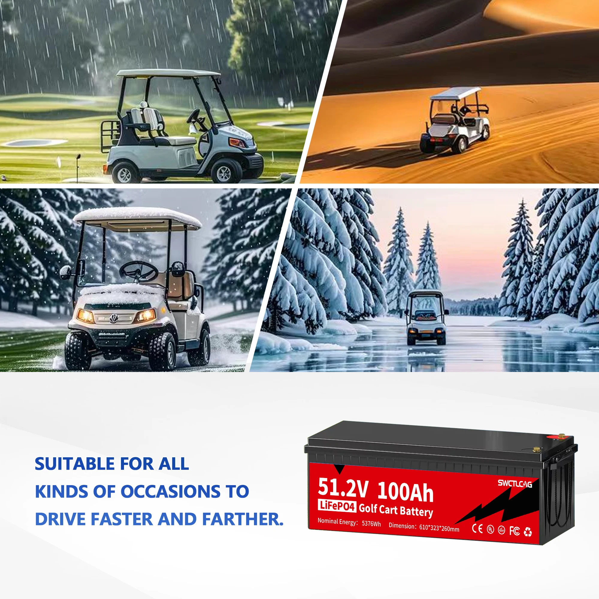 LiTime baterai LiFePO4 51.2V 100Ah, baterai Lithium 200A BMS lahir untuk kereta Golf 5kW kemampuan penyimpanan energi laut