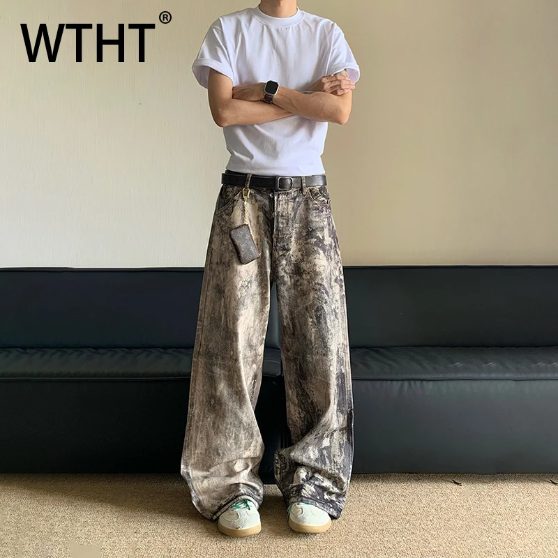 WTHT Fashion Men's Camouflage Print High Street Denim Pants Vintage Trendy Loose Wide Leg Straight Jeans Male Summer 2A0138
