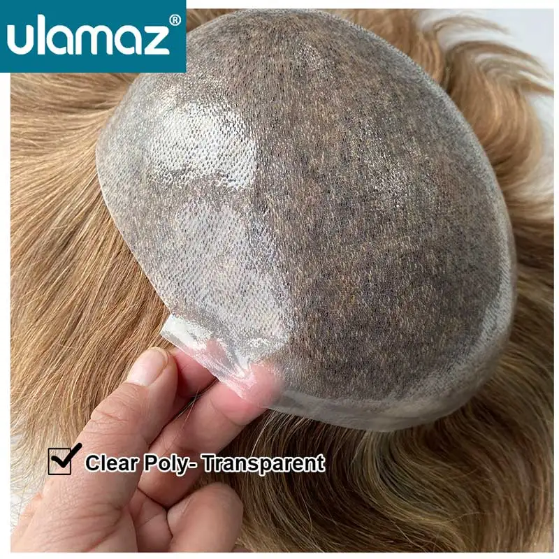 تسليط الضوء على الشعر الأشقر 0.08 مللي متر الجلد الذكور الشعر الاصطناعية عقدة بولي Toupee الشعر الرجال نظام الشعر الملون شعر مستعار للرجال شعر الإنسان الذكور الباروكات #2