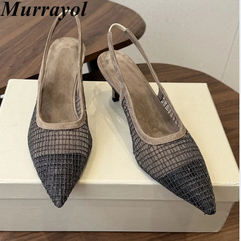 Slippers Hollow Outs Pointed Toe String Bead Single Shoes Women Kitten Heels Slingback Sandals Spring Summer Party Banquet Shoes