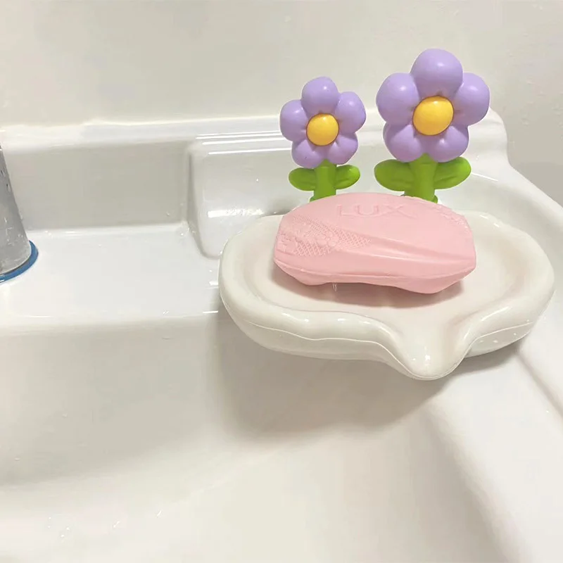 1PC Household high-grade no water no drilling drain soap box washroom durable soap box shelf cute flowers bathroom soap holder