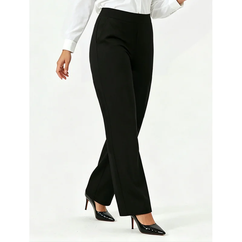  2026 Modern Classy Wide Leg Trousers Women Elastic Waist Stretchy Slimming Black Daily Office