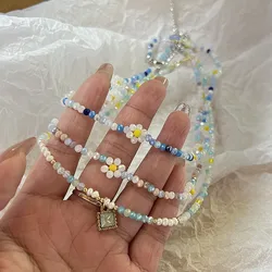 Trend Daisy Flowers Colorful Shiny Resin Bead Choker Clavicle Chain Sweet Necklace For Women EGirls Summer Vacation Jewelry