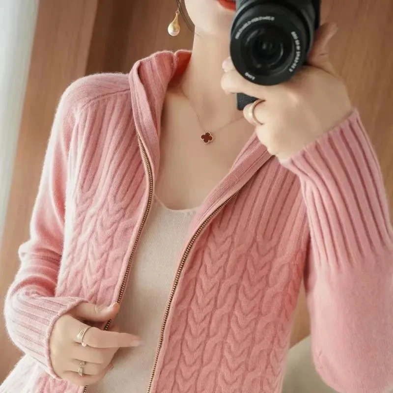 Female Spring Autumn New Fashion Zipper Knitted Cardigan Sweater Coat Lady Short Half High Collar Loose Fit Autumn Cardigan Knit