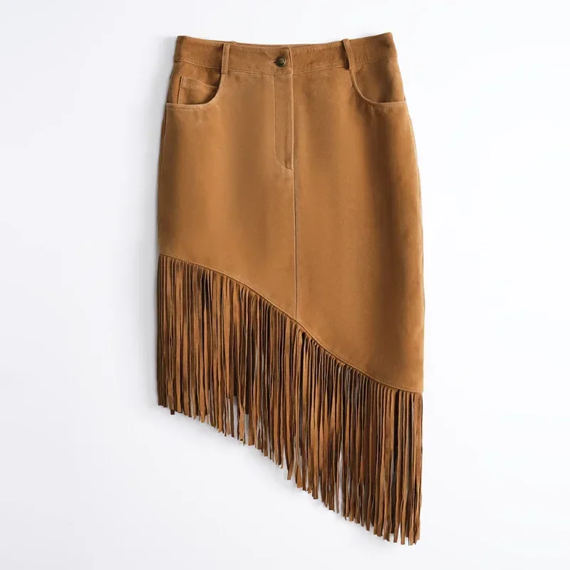 

2025 New Arrival Women Fashion Reverse Suede Sheepskin Leather Tassel Style Low- Waisted Skirt