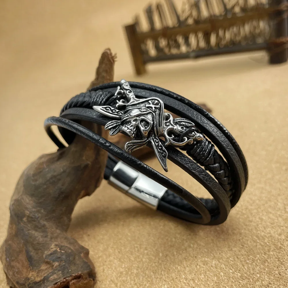 

Stainless Steel Skull Pirate Hand Woven Leather Men's for Bracelet Chains
