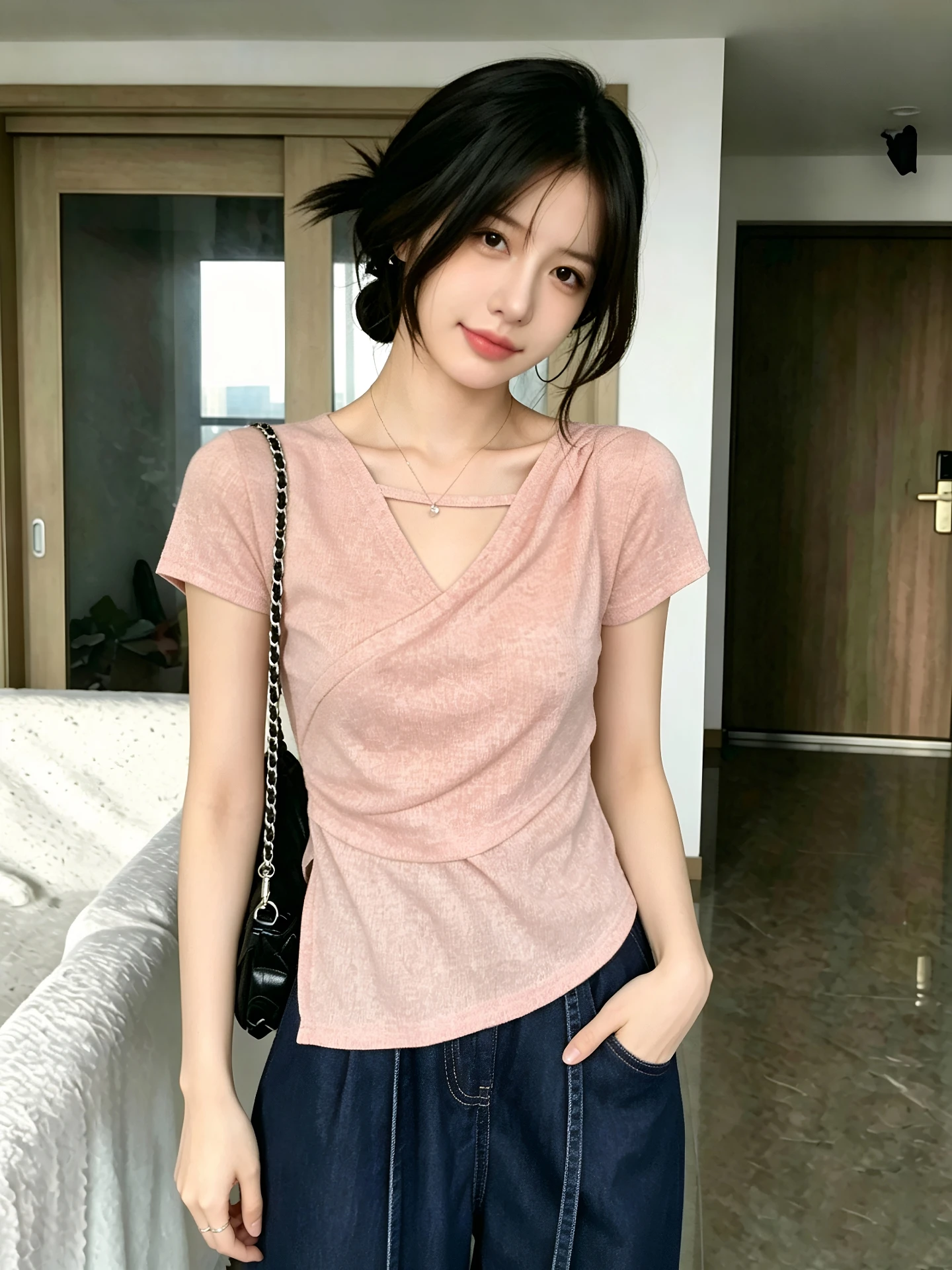 Pink Cross V-Neck Short Sleeve T-Shirt Women's Summer New Pure Desire Waist-Cinching Slimming Top Korean Style Commute